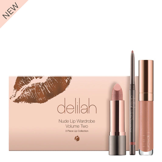 Delilah cosmetics nude lip collection with lipliner, lipgloss and lipstick